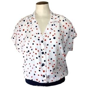 Vintage 80s White Blouse Sz 12 Button up Colorful Polka Dots Short Sleeve Retro